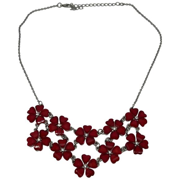 Red Crystal Flower Statement Necklace Bib Collar Chainlink Fashion Jewelry 34" - Picture 2 of 8